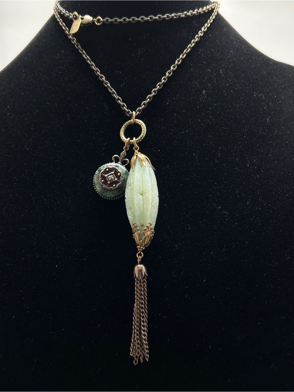 Grandmother’s Buttons, Long Gold Necklace Light Green Button Charms, Tassel Boho
